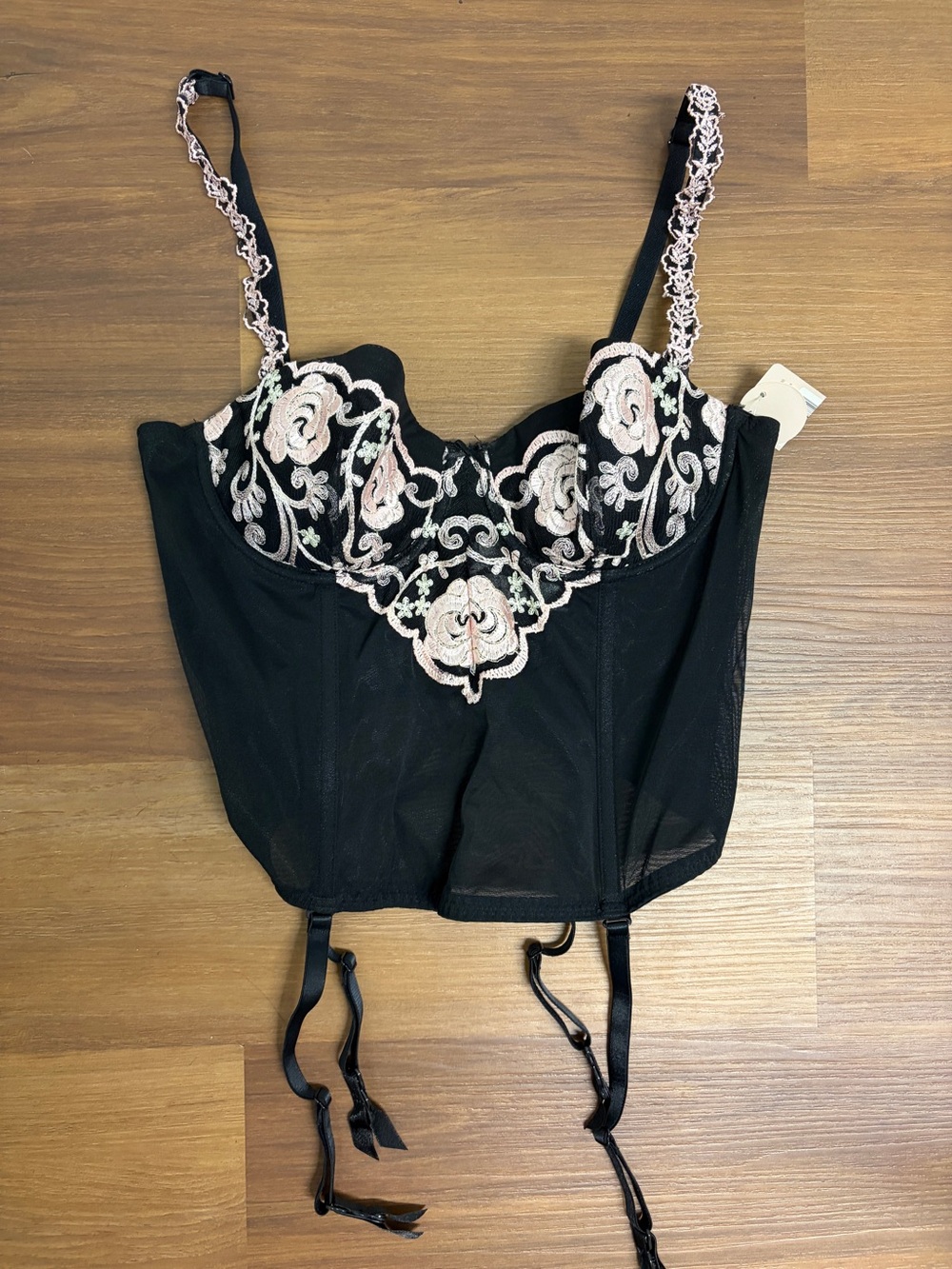 Gilligan & O'Malley Black Bustier with Pink Floral Embroidery